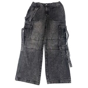 Riley & James Cargo Pants Womens Large Black Acid Wash Wide Leg D-Ring Straps